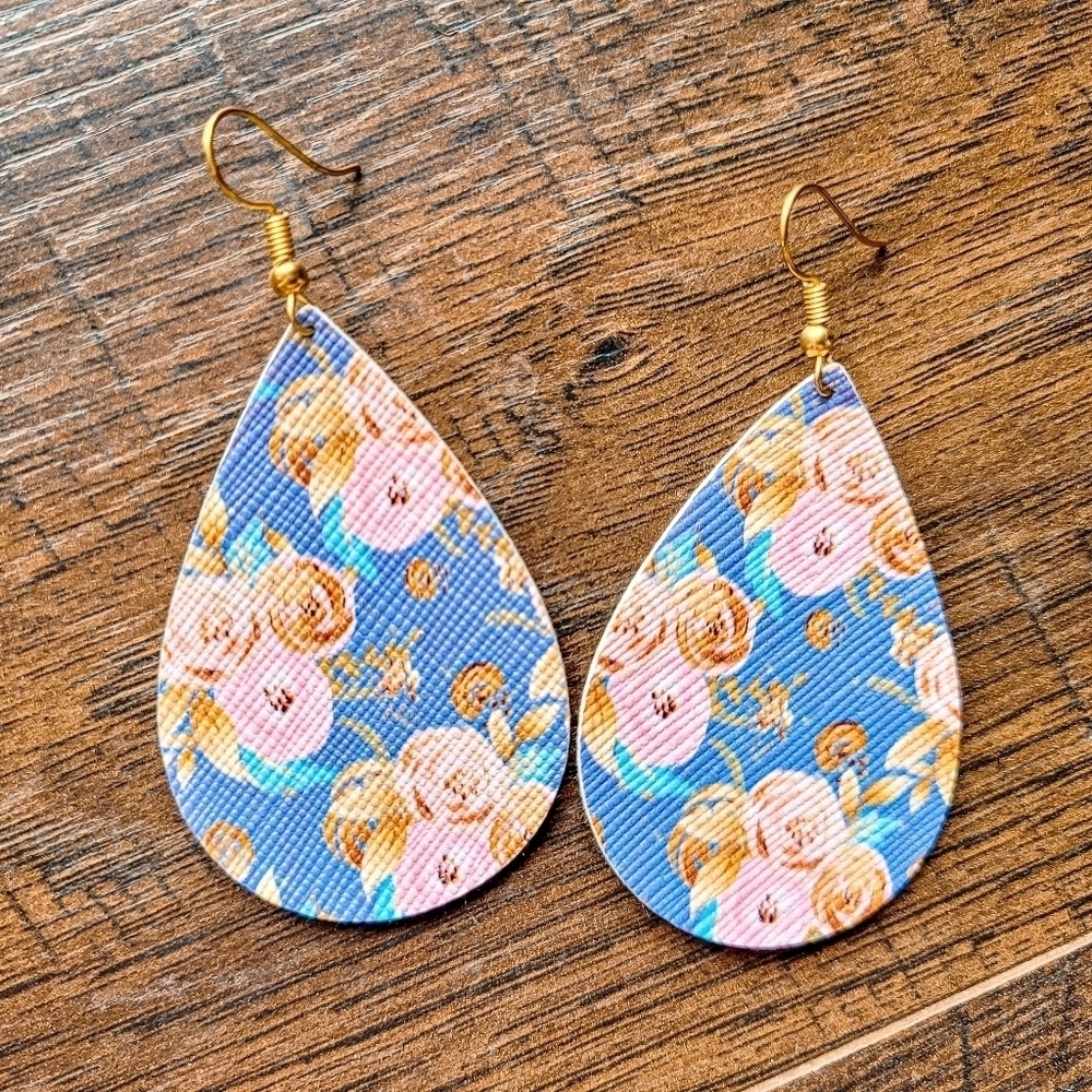 Blue And Pink Watercolor Floral Teardrop Earrings